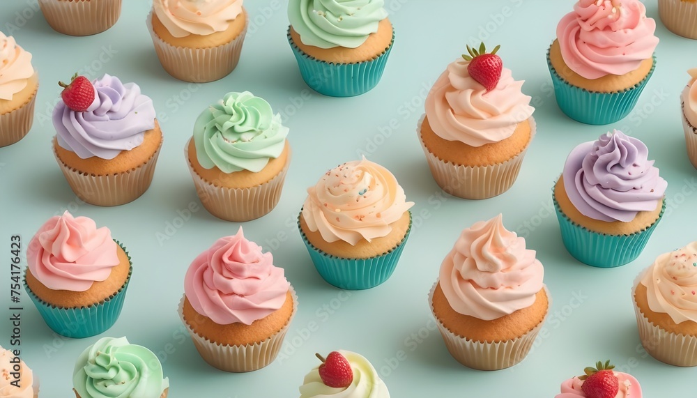 Aerial view of a multitude of colorful cupcakes on pastel colorful background Aerial view of a multitude of colorful cupcakes on pastel colorful background