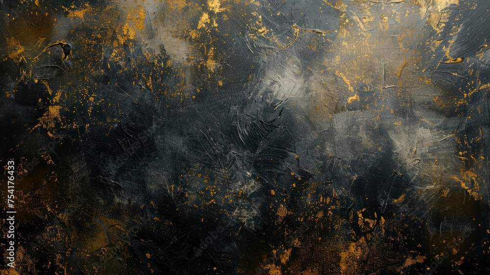 Beautiful grunge black gold background. Panoramic abstract decorative dark background. Wide angle rough stylish mystic texture wallpaper with copy space for design - generative ai Beautiful grunge black gold background. Panoramic abstract decorative dark background. Wide angle rough stylish mystic texture wallpaper with copy space for design - generative ai