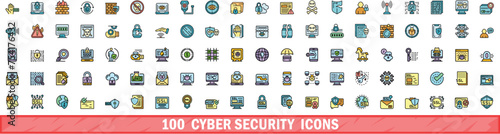 100 cyber security icons set. Color line set of cyber security vector icons thin line color flat on white