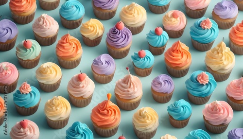 Aerial view of a multitude of colorful cupcakes on pastel colorful background photo