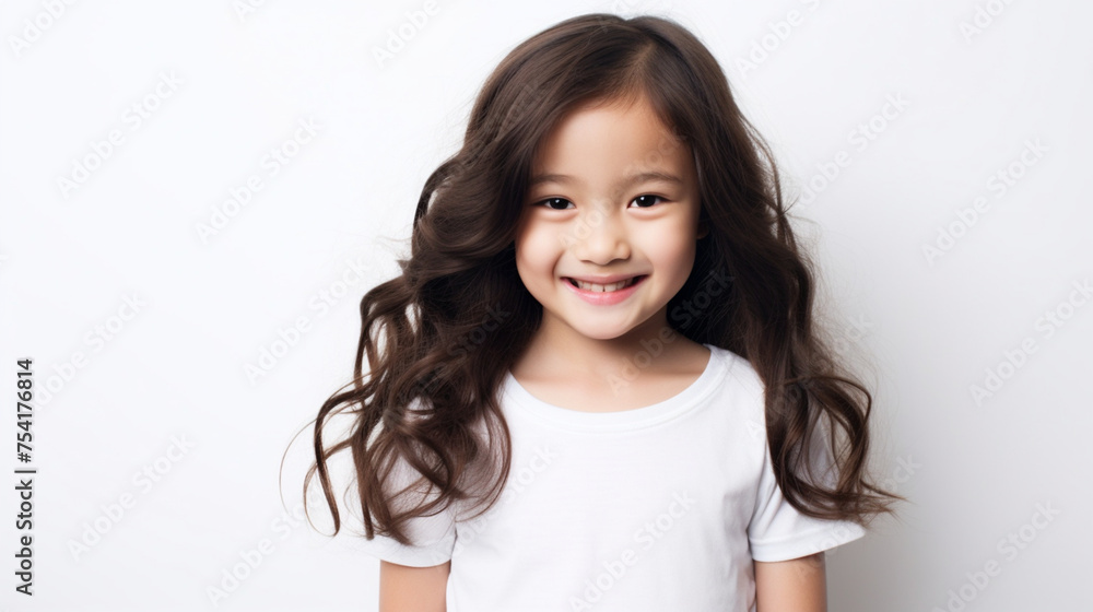 Smiling teenage girl in a white T-shirt on a white background mockup. Childhood lifestyle concept. Mockup copy space. Asian girl model Smiling teenage girl in a white T-shirt on a white background mockup. Childhood lifestyle concept. Mockup copy space. Asian girl model