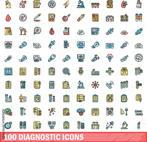 100 diagnostic icons set. Color line set of diagnostic vector icons thin line color flat on white