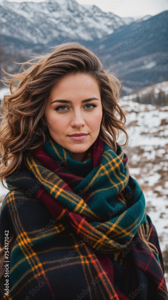 Lady wrapped in a tartan scarf stands in front of snowy mountains Lady wrapped in a tartan scarf stands in front of snowy mountains