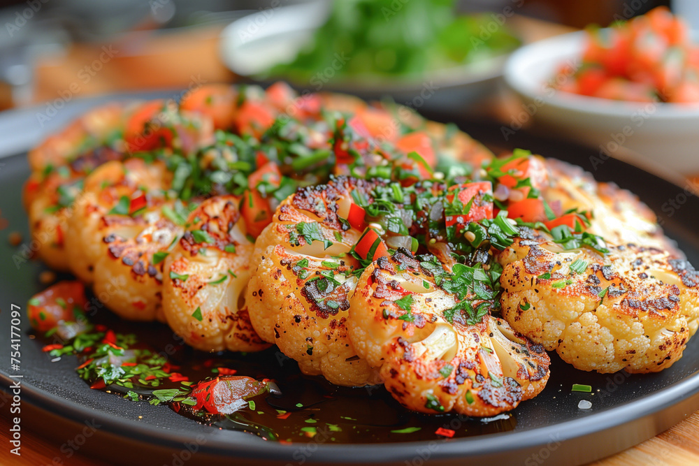 Gourmet grilled cauliflower topped with fresh herbs and spices Gourmet grilled cauliflower topped with fresh herbs and spices