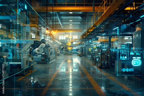 Modern factory interior with futuristic digital overlays