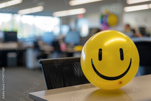 Smiley face balloon in an office setting photo