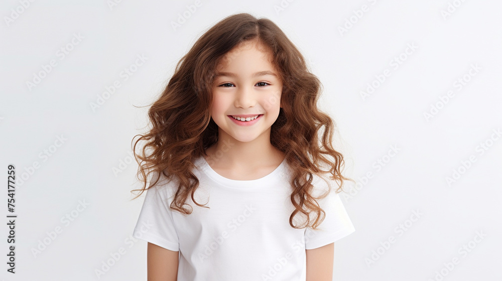Smiling teenage girl in a white T-shirt on a white background mockup. Childhood lifestyle concept. Mockup copy space Smiling teenage girl in a white T-shirt on a white background mockup. Childhood lifestyle concept. Mockup copy space