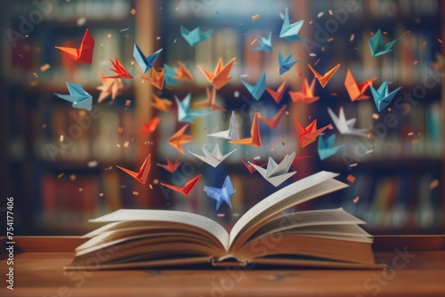 Open book with origami birds flying out in a library © ParinApril