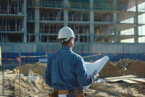 Engineer reviewing blueprints at construction site