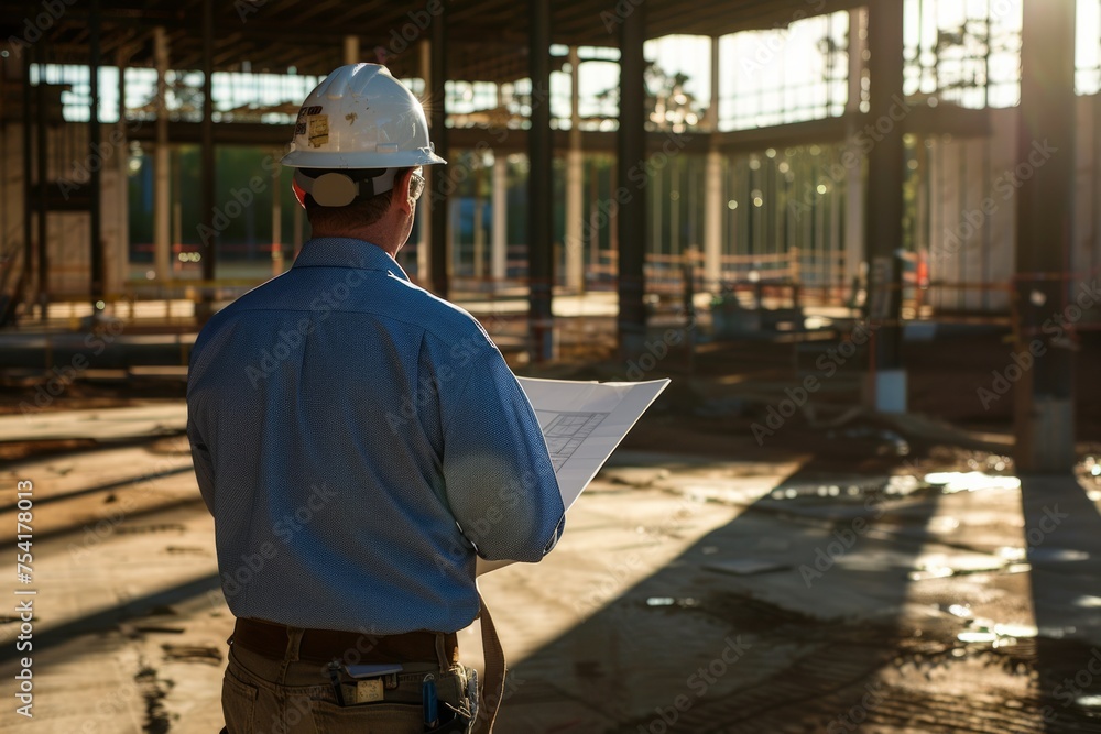 Engineer reviewing blueprints at construction site