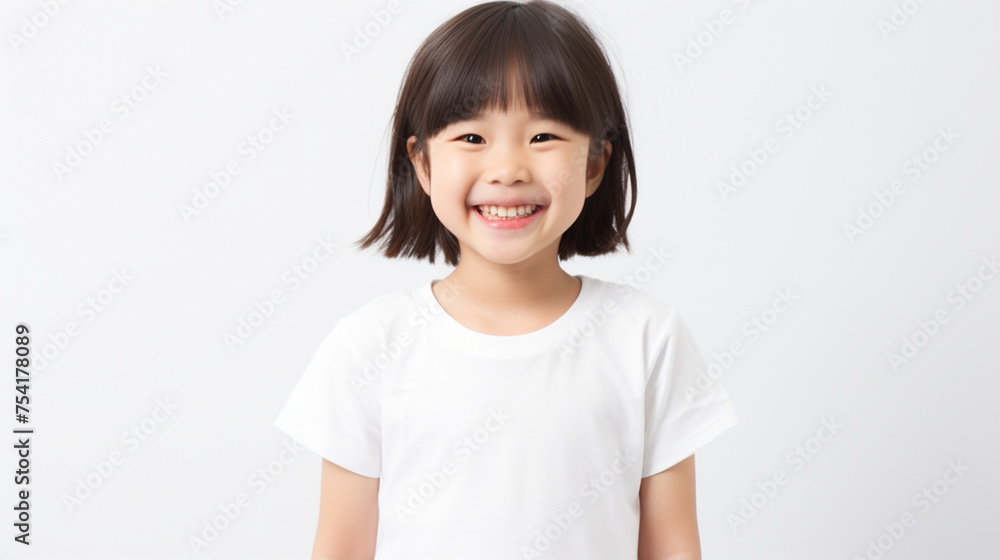Smiling teenage girl in a white T-shirt on a white background mockup. Childhood lifestyle concept. Mockup copy space Smiling teenage girl in a white T-shirt on a white background mockup. Childhood lifestyle concept. Mockup copy space