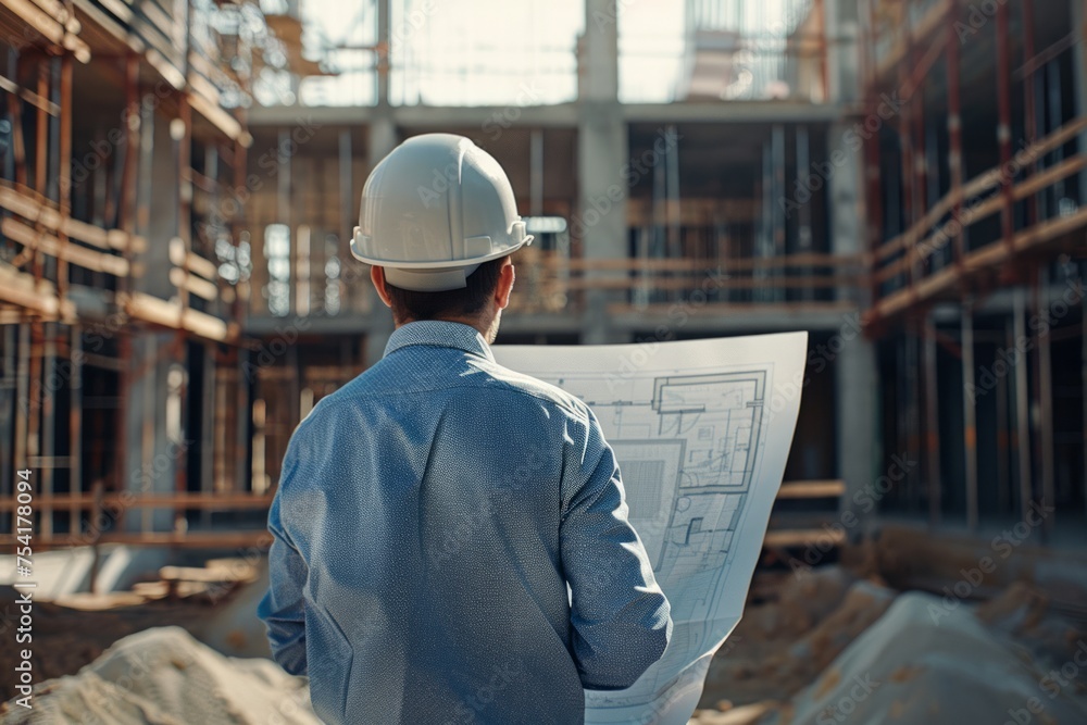 Engineer reviewing blueprints at construction site Engineer reviewing blueprints at construction site