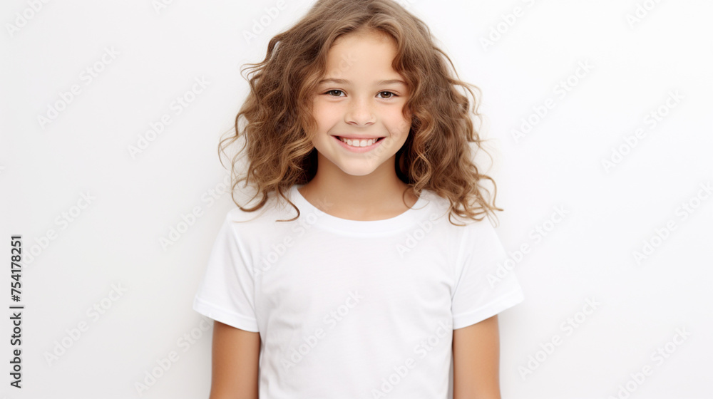 Smiling teenage girl in a white T-shirt on a white background mockup. Childhood lifestyle concept. Mockup copy space Smiling teenage girl in a white T-shirt on a white background mockup. Childhood lifestyle concept. Mockup copy space