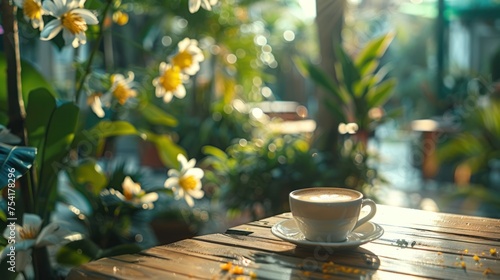 A cup of coffee on a table overlooking the garden at a cafe Seamless looping time-lapse 4k animation video background