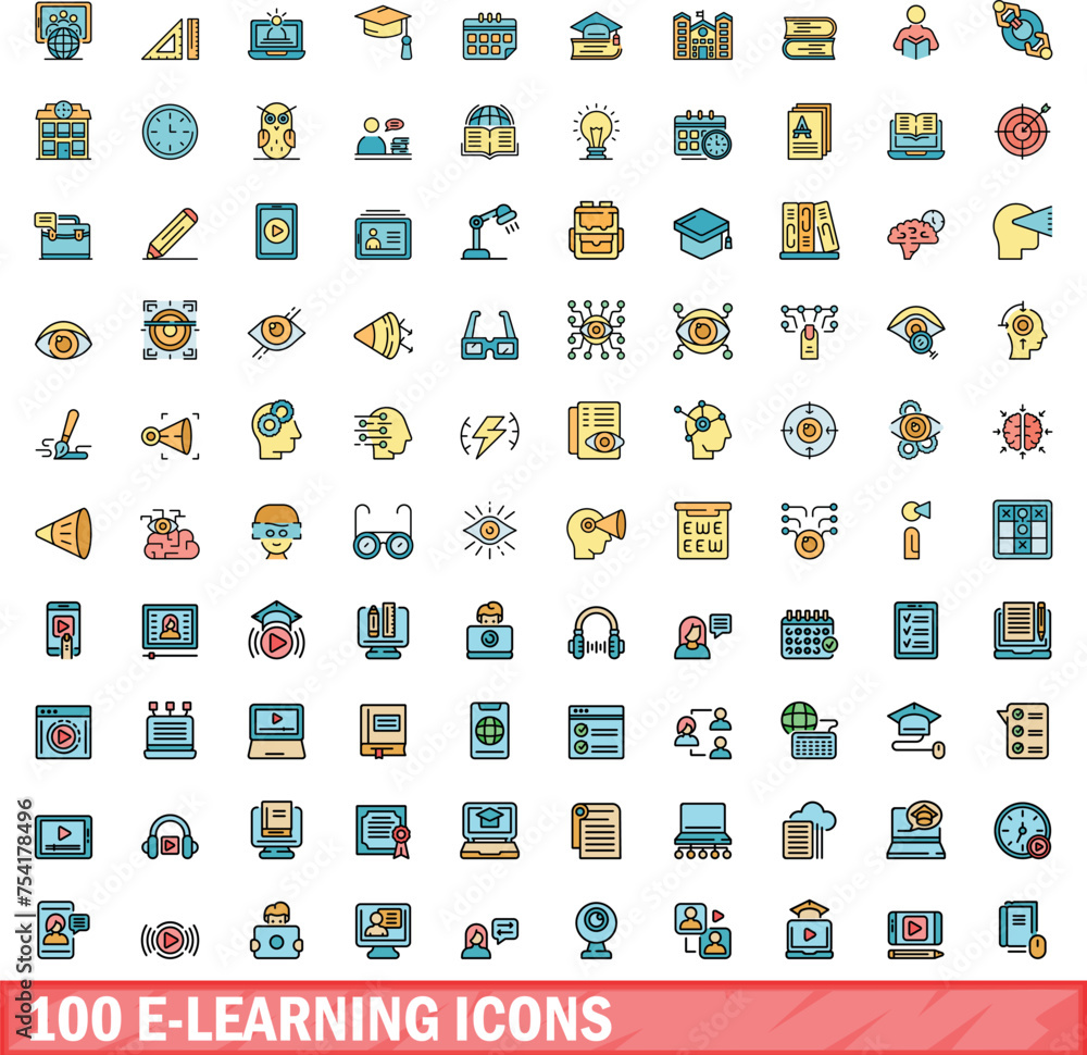 100 e-learning icons set. Color line set of e-learning vector icons thin line color flat on white 100 e-learning icons set. Color line set of e-learning vector icons thin line color flat on white