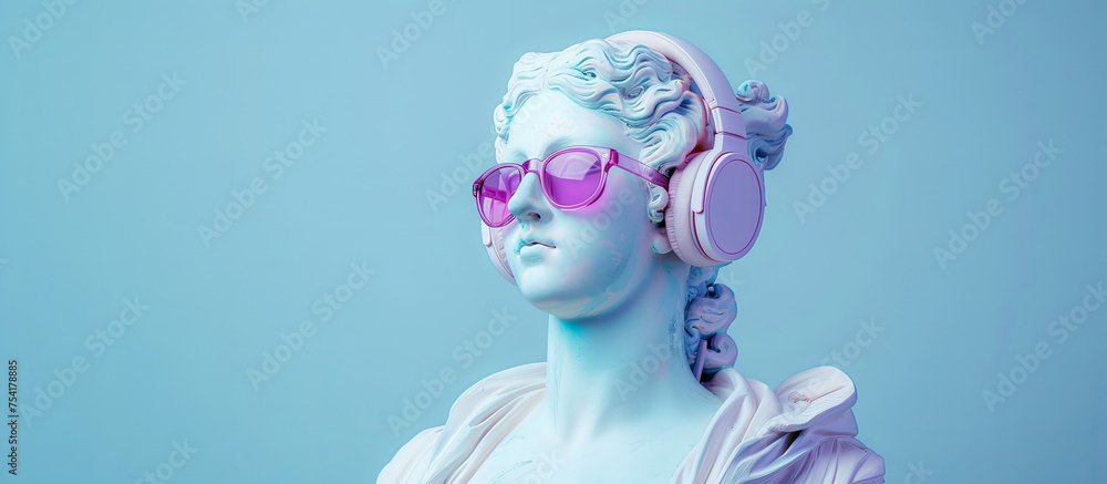An antique woman statue wearing plastic violet sunglasses and pink headphones. The teal backdrop enhances the Vaporwave aesthetic.