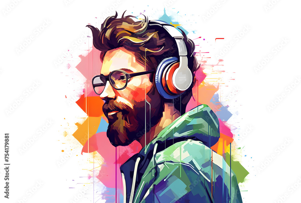 Colorful hipster man listening to music, vector style illustration, painting, isolated on white