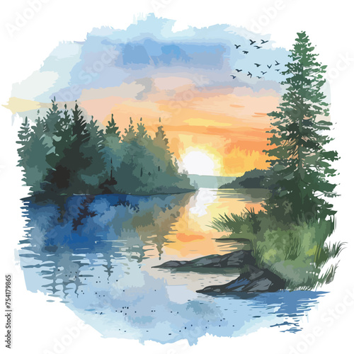 A peaceful lakeside sunset vector illustration