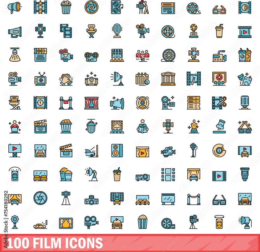 100 film icons set. Color line set of film vector icons thin line color flat on white 100 film icons set. Color line set of film vector icons thin line color flat on white