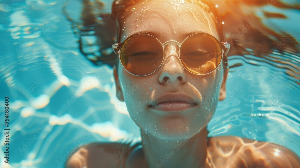 Naklejka premium Woman Wearing Sunglasses in Swimming Pool