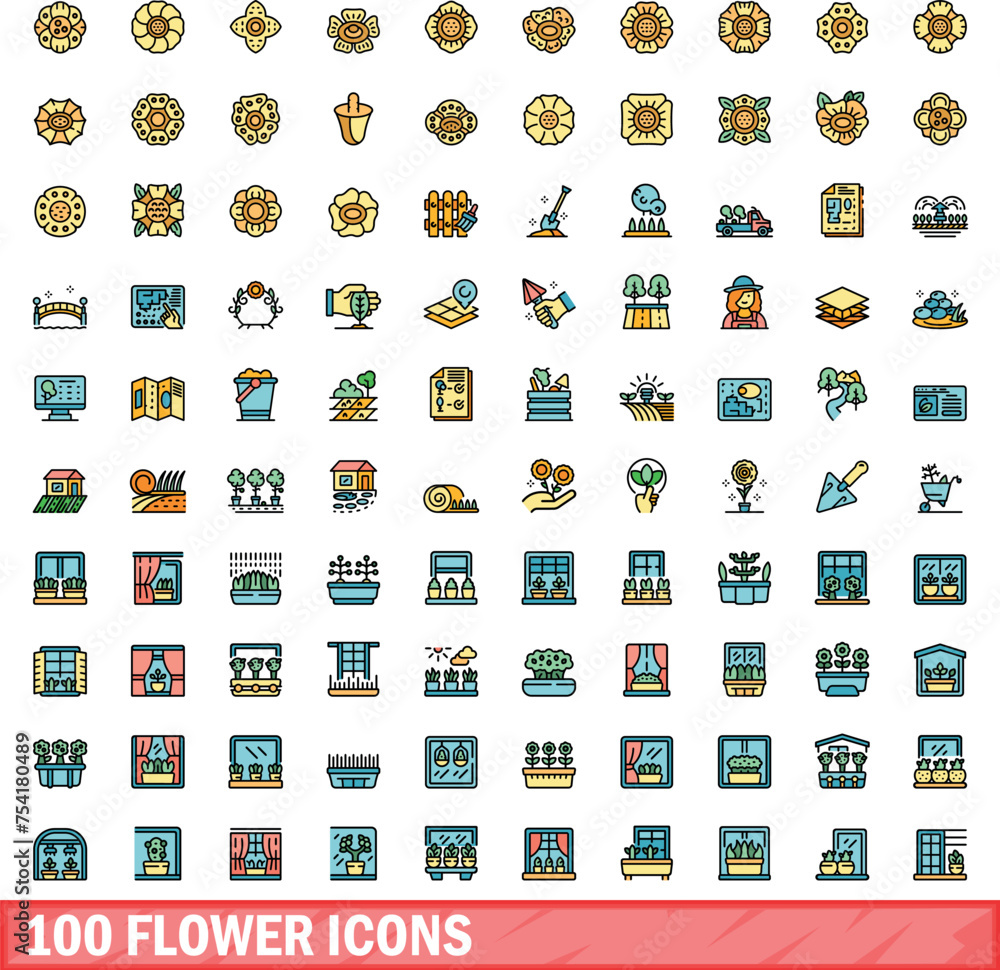 Fototapeta premium 100 flower icons set. Color line set of flower vector icons thin line color flat on white