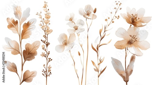 Sepia-Toned Botanical Illustration. A collection of sepia-toned botanical illustrations featuring various stylized flowers and leaves. #754181214