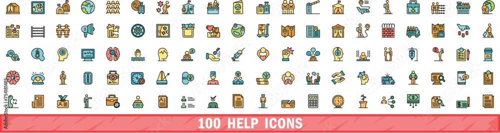 100 help icons set. Color line set of help vector icons thin line color flat on white 100 help icons set. Color line set of help vector icons thin line color flat on white