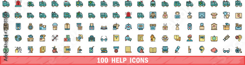 100 help icons set. Color line set of help vector icons thin line color flat on white