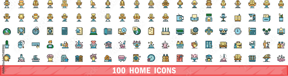 100 home icons set. Color line set of home vector icons thin line color flat on white