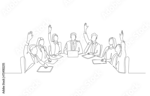 Continuous one line drawing of employees raising their hands to votes at meeting, business discussion, voting in office concept, single line art.