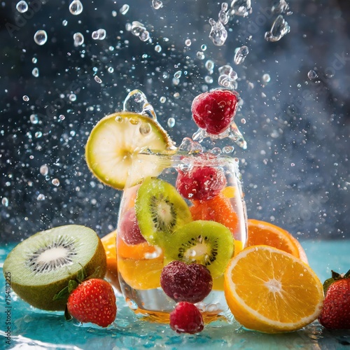 Close up photo of sparkling bubbles with fruits 
