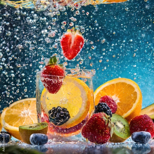 Close up photo of sparkling bubbles with fruits 