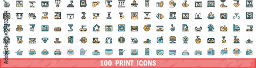 100 print icons set. Color line set of print vector icons thin line color flat on white