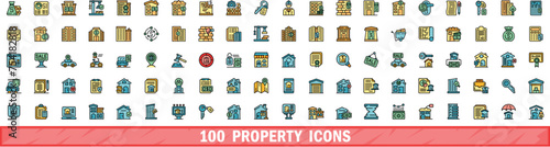 100 property icons set. Color line set of property vector icons thin line color flat on white