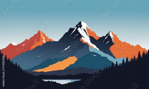 Mountains and lake in the forest at sunset, illustration in flat style.