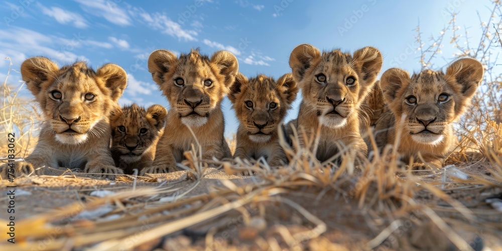 A strange bunch of tiny, inexperienced juvenile lions. Generative Ai - obrazy, fototapety, plakaty 