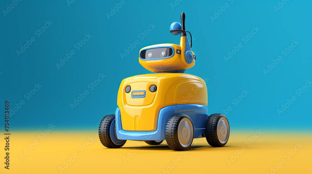 Cartoon illustration of a toy yellow delivery robot on a blue background isolated Cartoon illustration of a toy yellow delivery robot on a blue background isolated