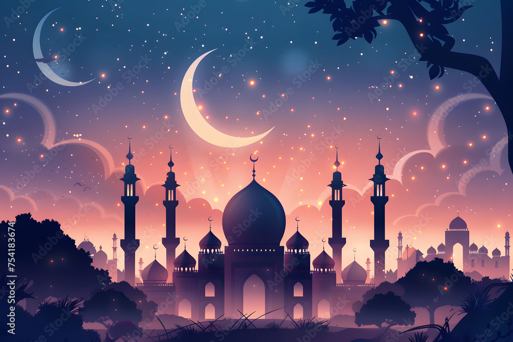 Islamic Ramadan Kareem or Eid Mubarak background wallpaper featuring a mosque, crescent moon, and starry night sky. Ideal for designs, greeting cards, posters, social media banners, and Eid Mubarak po - obrazy, fototapety, plakaty 