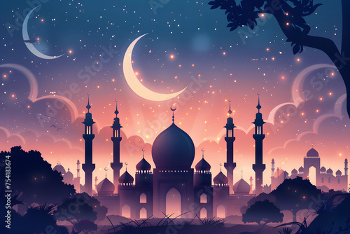 Islamic Ramadan Kareem or Eid Mubarak background wallpaper featuring a mosque, crescent moon, and starry night sky. Ideal for designs, greeting cards, posters, social media banners, and Eid Mubarak po