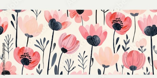 Hand-drawn cute pink artistic flowers print in a modern style. Generative Ai