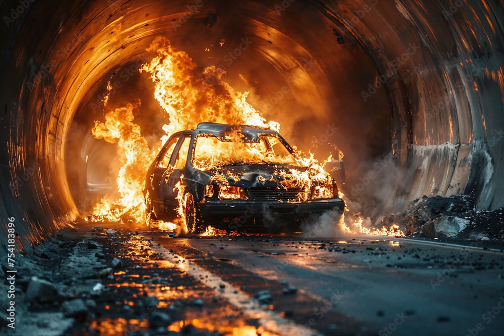 A car engulfed in flames inside a tunnel. Generative AI image.