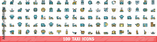 100 taxi icons set. Color line set of taxi vector icons thin line color flat on white
