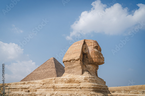 Cairo, Egypt - October 26, 2022. View of the great Sphinx of Gizah around the pyramids of Giza, Cairo.
