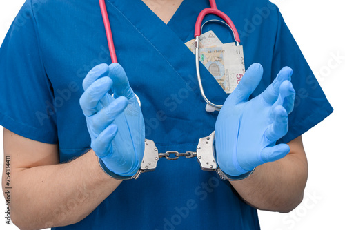 Aresztowany lekarz w kajdankach, z kieszeni wystają banknoty 