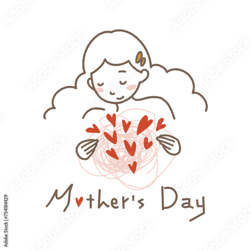 Mother's day greeting card. Vector illustration with woman holding red hearts