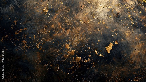 Beautiful grunge black gold background. Panoramic abstract decorative dark background. Wide angle rough stylish mystic texture wallpaper with copy space for design - generative ai © Nia™