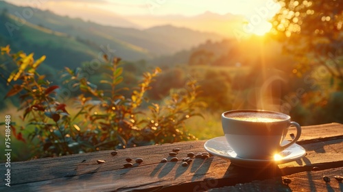 hot coffee and sunrise nature background. beautiful nature view with hot coffee. seamless looping overlay 4k virtual video animation background photo