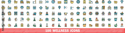 100 wellness icons set. Color line set of wellness vector icons thin line color flat on white