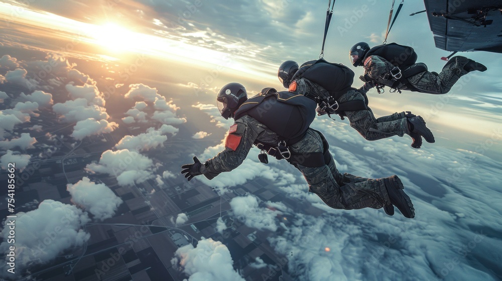 A combat soldier or parachutist jumps out of an airplane to practice air combat repair. - obrazy, fototapety, plakaty 