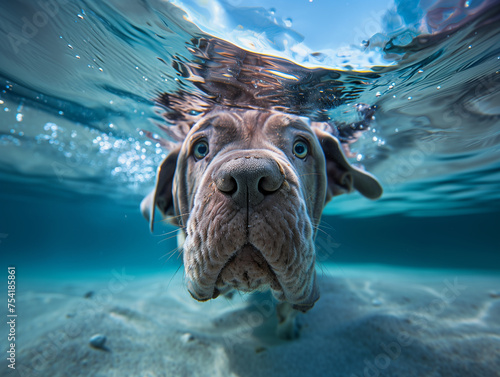 A Mastiff dog underwater in a pool, wide angle.